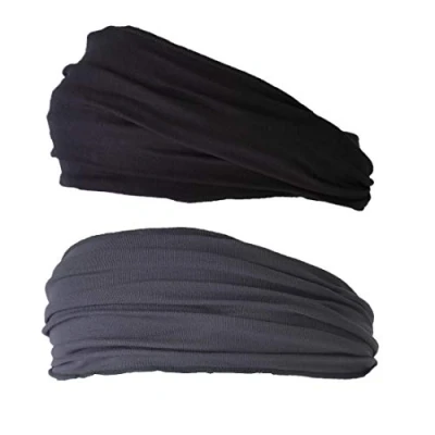 Afbeelding van Elastische bandana voor heren, Japanse hoofdband, dames, lang haar, dreads, wikkeling, zwart, donkergrijs, 2 stuks