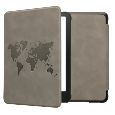 Afbeelding van kwmobile e reader hoesje geschikt voor Amazon Kindle Paperwhite (12. Gen 2024)/Kindle Colorsoft hoes Ereader flip case met standaard Kunstleren cover Wereldkaart design in grijs