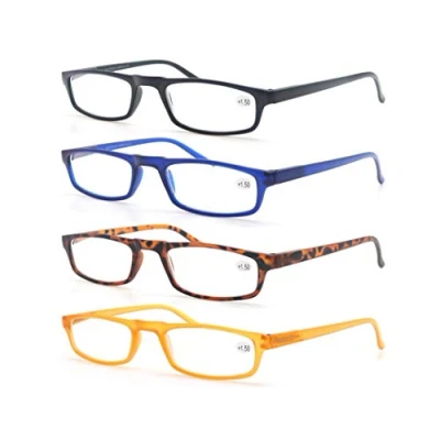 Afbeelding van MODFANS Set van 4 leesbrillen voor heren en dames, vergrootglas montuur, licht veertakken, rechthoekige bril, zwart bruin, blauw geel, stuks