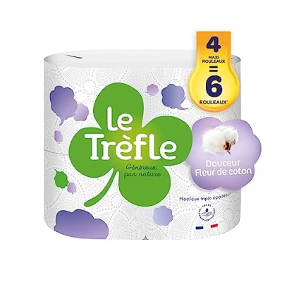 Image de Le Trefle Douceur Fleur de coton Papier toilette 4 maxi rouleaux = 6 classiques Lotion aux extraits Emballage recyclable certifié FSC® Mixte