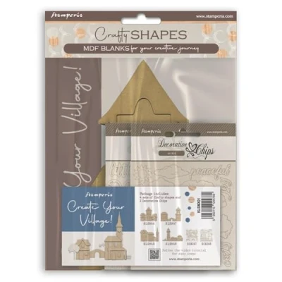Afbeelding van Stamperia Silent Sea Village Kit: MDF Crafty Shapes Blanks &amp; Decorative Chips (6pcs) (KLSMX01)