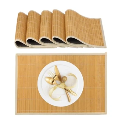 Afbeelding van placemat set van 6 bamboe antislip afwasbaar 30x45 cm onderleggers crème