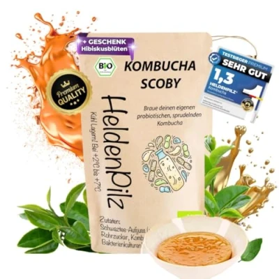 Afbeelding van HeldenPilz® Organic Kombucha Scoby Krachtige theepaddenstoel + primervloeistof cadeau Productie tot 6 liter 100% natuurlijk biologisch duurzaam en plasticvrij