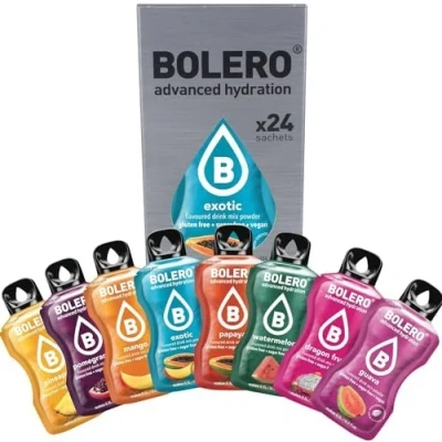 Image de Bolero boissons EXOTIC MIX STICKS 24x3g I boisson rafraîchissante en poudre sans sucre édulcorée à la stévia hypocalorique vitamine C