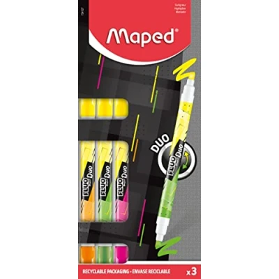 Afbeelding van Maped 3 Fluo Peps Duo markeerstiften 2 in 1 neonstiften met dubbele punt schrijfcomfort op alle soorten papier ergonomische neonviltstift geel + groen roze oranje