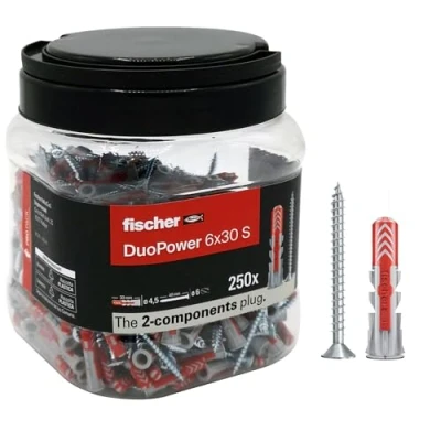 Afbeelding van Fischer Propack Duopower 6 S, 250 pluggen met schroeven x 30 in herbruikbare pot, voor bevestiging op beton, metselwerk en gipsplaten, 572885