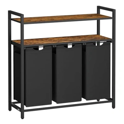 Afbeelding van VASAGLE wasmand, vuile opslag met 3 vakken, afneembare zakken van Oxford stof, 2 planken, metalen frame, 40 l voor elke tas, rustiek bruin en zwart BLH213B01