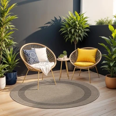 Afbeelding van SURYA Buitenkleed Balkon, Terras, Keuken Rond Jute Look Tapijt RHONDA Beige/Zwart Ø 160 cm