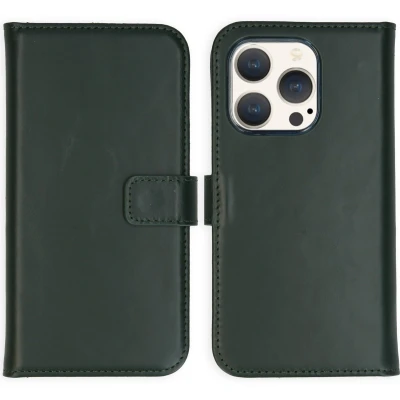 Afbeelding van Selencia Hoesje Geschikt voor iPhone 15 Pro Met Pasjeshouder Echt Lederen Bookcase Groen