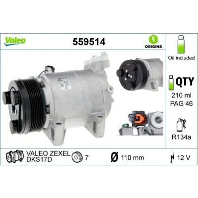 Afbeelding van VALEO 559514 AC Compressor DKS17D 12 PAG 46 R 134a Met compressorolie