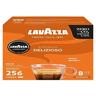 Image de Lavazza A Modo Mio Espresso Délicieux, 256 capsules de café, pour un expresso avec des notes aromatiques fleurs, 100% Arabica, intensité 8/13, torréfaction moyenne, 16 boîtes
