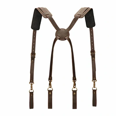 Afbeelding van TOURBON Gereedschapsriem van leer, bretels, gevoerd elektricienharnas, werkbandjes voor robuuste timmerlieden, bruin, 32 x 10 cm, Bruin