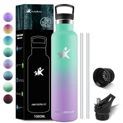 Afbeelding van KollyKolla Thermosfles, 1 liter, thermosfles van roestvrij staal met rietje, BPA vrij, herbruikbaar, lekvrij, voor kinderen, volwassenen, sport, school, fietsen, 2 doppen