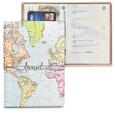 Afbeelding van kwmobile Paspoorthouder Hoesje voor paspoort en reisdocumenten Flip cover Met elastische band Travel Wereldkaart design