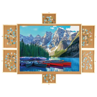 Afbeelding van Draaibaar Puzzelbord met Opbergsysteem 6 lades 1500 stukjes Houten Puzzeltafel Puzzelplank Puzzelmap Portapuzzle Puzzelplaat Incl. Bescherm cover Puzzel mat Koffer Sorteerbakjes
