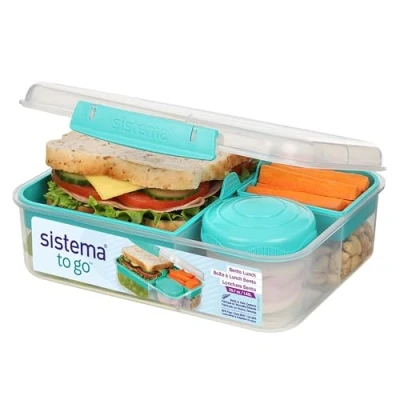 Afbeelding van Sistema TO GO Bento Box lunchbox met yoghurt/fruitpot, 1,65 l, BPA vrij, blauwgroen, 1 stuk