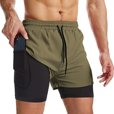 Afbeelding van Danfiki Sportshort voor heren, 2 in 1, ademend, met zakken, sneldrogende sportbroek zak, sportlegging, basislaag stretch