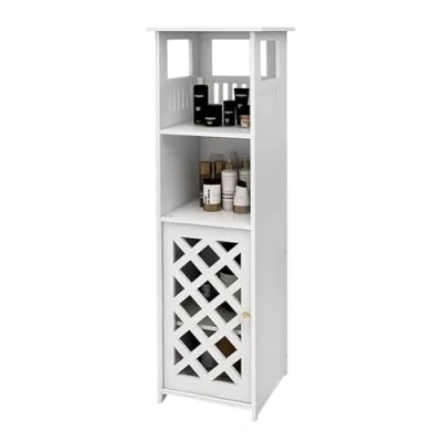Afbeelding van WODFARR Toiletpapierhouder, witte kast, toiletborstelhouder, badkamerkast op houten voet, klein opbergmeubel voor toilet (78 x 22 cm)