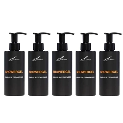 Afbeelding van Showergel Sweet Orange &amp; Cedarwood 300 ml met pomp zwarte fles set van 5 stuks Voordeelverpakking