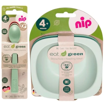Afbeelding van NIP eat green serviesset vanaf 4 maanden, 2 puree kommen + 3 ecologische babylepels, gemaakt in Duitsland, hoogwaardig melaminevrij, BPA vrij, vaatwasmachinebestendig
