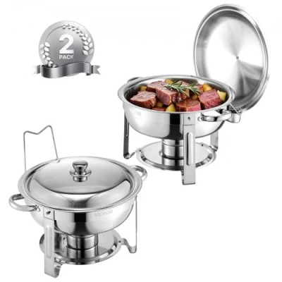 Image de VEVOR Chauffe Plat Buffet Chauffant Traiteur Rond Lot de 2PCs 4,7L Inox Argent