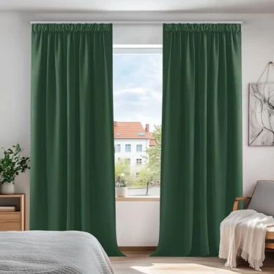 Afbeelding van Deconovo Verduisteringsgordijnen voor woonkamer, warmte isolerend, koudebestendig, modern design, gordijn, slaapkamer, met plooiband, meisjes, eetkamer, dennengroen, 140 x 180 cm, 2 stuks