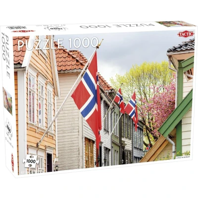 Afbeelding van Puzzel Around the World Northern Stars: Street in Bergen (with Norwegian Flags) 1000 stukjes
