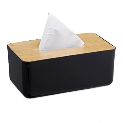 Afbeelding van Relaxdays tissue box kunststof met houten deksel moderne tissuehouder grote tissuedoos zwart