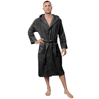 Afbeelding van Twinzen Herenbadjas, XS, S, M, L, XL, XXL, 100% katoen met kap, Oeko Tex® gecertificeerd, badjas van badstof, 2 zakken, riem, zacht, absorberend en comfortabel, Donkergrijs