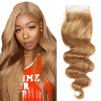 Afbeelding van Tuheerst Blonde kanten sluiting 4 x Braziliaanse Body Wave Hair #27 met babyhaar, 100% onbewerkt Braziliaans Virgin Remy Top Zwitserse kant, 55,8 cm
