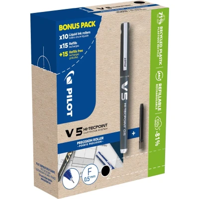 Afbeelding van Pilot Hi Tecpoint V5, 10 rollers + 30 vullingen, fijn, zwart liquid ink roller