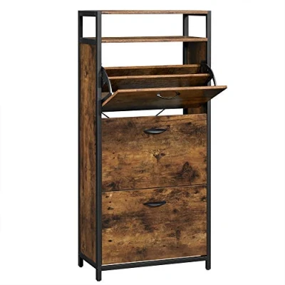 Afbeelding van VASAGLE Schoenenkast met 3 kleppen, Schoenenrek voor 15 18 paar schoenen, 60 x 30 130 cm, vintagebruin zwart
