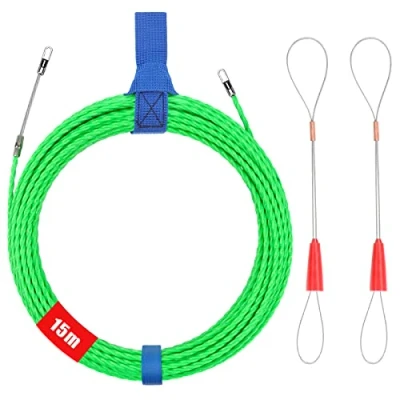 Afbeelding van BILIPLE Sensor kabeltrekker van polyester, 15 m, met professionele ogen, elektriciensensonde, veer 2 geleidingsveer, kabelsonde voor kabelinstallatie, Ø 4 mm, groen