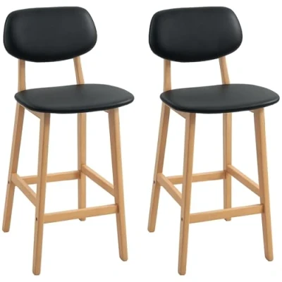 Afbeelding van HOMCOM Set van 2 barkrukken, moderne barstoelen, keukenkrukken met rugleuning en houten poten, zwart