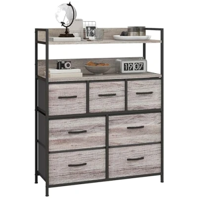 Afbeelding van HOMCOM Commode voor slaapkamer, opbergkast, commode, 7 laden, van stof, opvouwbaar en afneembaar, met open planken stalen frame, stoffen doek woonkamer, entree, grijs