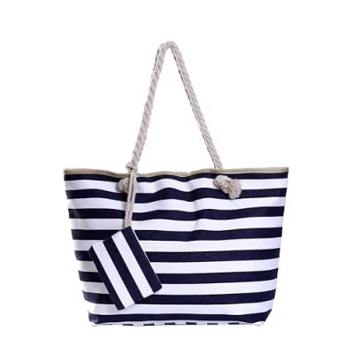 Afbeelding van Grote strandtas, waterafstotend met ritssluiting, Donkerblauw wit gestreept