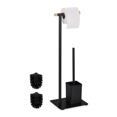 Afbeelding van Relaxdays toiletaccessoires set rvs bamboe staand toiletborstelhouder wc borstel