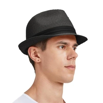 Afbeelding van Zylioo Panama Stro Hoeden Kleine Maat Zomer Fedora Hoed Strand Zonnehoed Rand UV Vakantie Hoed, Cubaans zwart, S