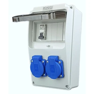 Afbeelding van RoadEu Stroomverdeler 230 V 2 stopcontacten met schakelaar Stopcontactverdeler stroomonderbreker C 16A Bedraad, bouwstroomafgifte binnen en buiten IP54