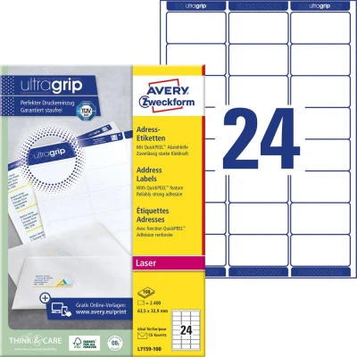 Afbeelding van Avery Zweckform L7159 100 Adresetiketten 63.5 x 33.9 mm Papier Wit 2400 stuk(s) Permanent hechtend Inkjet, Laser (zwart/wit), (kleur), Kopiëren