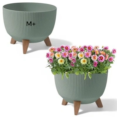 Afbeelding van Bloempot met poten, kruidenpot, gerecyclede eco plantenbak, groen, M + 33 cm