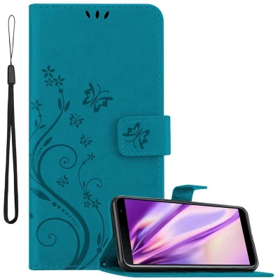 Afbeelding van Cadorabo Samsung Galaxy J6 Plus hoes in blauw met bloemenpatroon, telefoonhoes magneetsluiting, standfunctie en 3 kaartenvakjes, case cover etui bookstyle