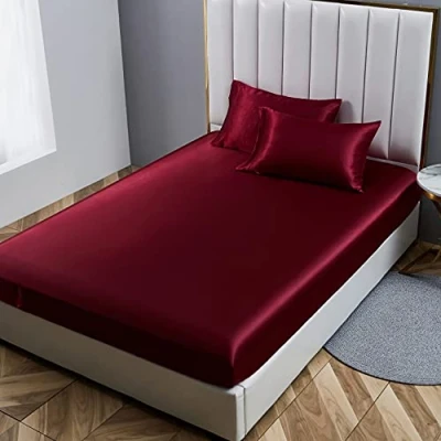 Afbeelding van Damier Hoeslaken 140 x 200 cm rood, wijnrood, satijn zijde glanzend premium kwaliteit, eenheidskleur, geschikt voor matrassen tot 30