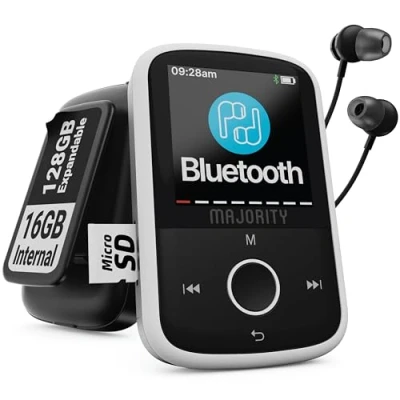 Afbeelding van Bluetooth MP3 speler met sportclip, bekabelde hoofdtelefoon, 16 GB intern geheugen, uitbreidbaar tot 128 GB, HD kleurendisplay, 34 uur looptijd, SD en USB C GO MAJORITY