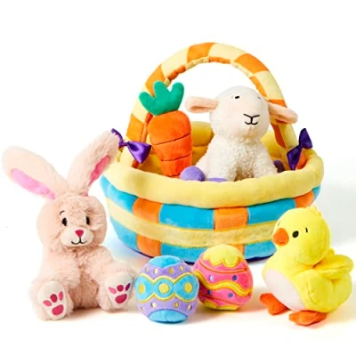 Afbeelding van JOYIN pluche paasmand, 7 delig, speelset, vulspeelgoed voor paasfeesten, paasmand baby&#039;s, peuters en kinderen van alle leeftijden