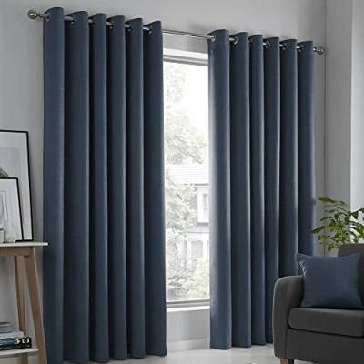 Afbeelding van Fusion Set van 2 thermische gordijnen met oogjes voor slaapkamer, woonkamer, donkerblauw, Strata collectie, 229 x 183 cm