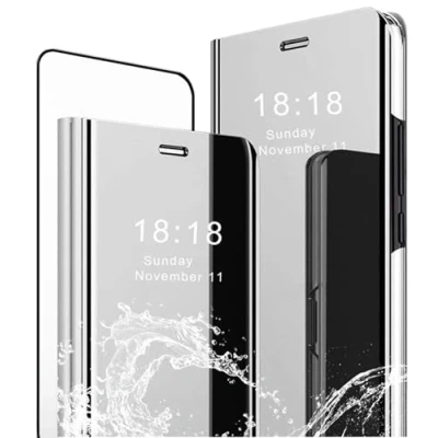 Afbeelding van MLOTECH Beschermhoes voor Samsung Galaxy S10e, Cover + Screenprotector [2 stuks] Flip Clear View, Transparant, spiegel, Standing 360 hoes, Schokbestendig, Smart Bumper, zilver