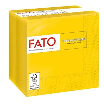Afbeelding van Fato, papieren wegwerpservetten, ideaal voor aperitieven en cocktails, verpakking met 100 servetten, formaat 24 x 24, 4 laags, 2 geel, 100% puur cellulosepapier, FSC gecertificeerd