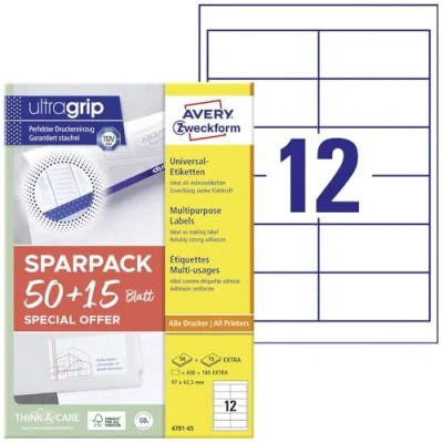 Afbeelding van Avery Zweckform 4781 65 Universele etiketten 97 x 42.3 mm Papier Wit vellen Permanent hechtend Inkjet, Laser (zwart/wit), (kleur), Kopiëren
