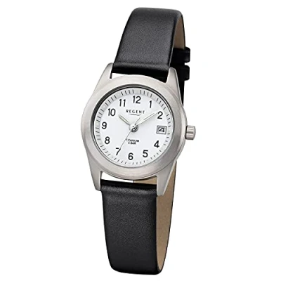 Afbeelding van Regent Dameshorloge met leren band en titanium behuizing gesp, klein licht, Arabische cijfers 26 mm diameter datum, Wit, straps